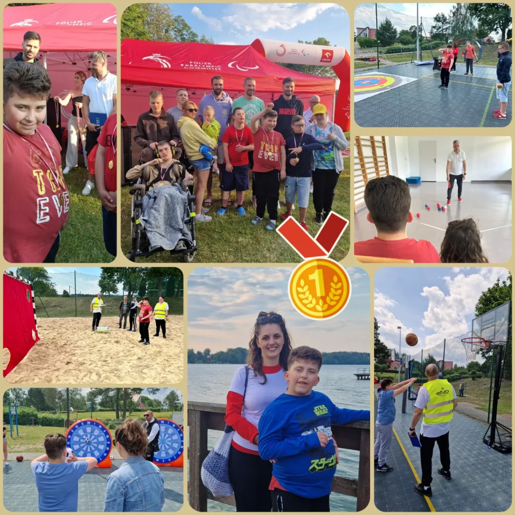 kolaż zdjęć chłopca biorącego udział w konkurencjach sportowych