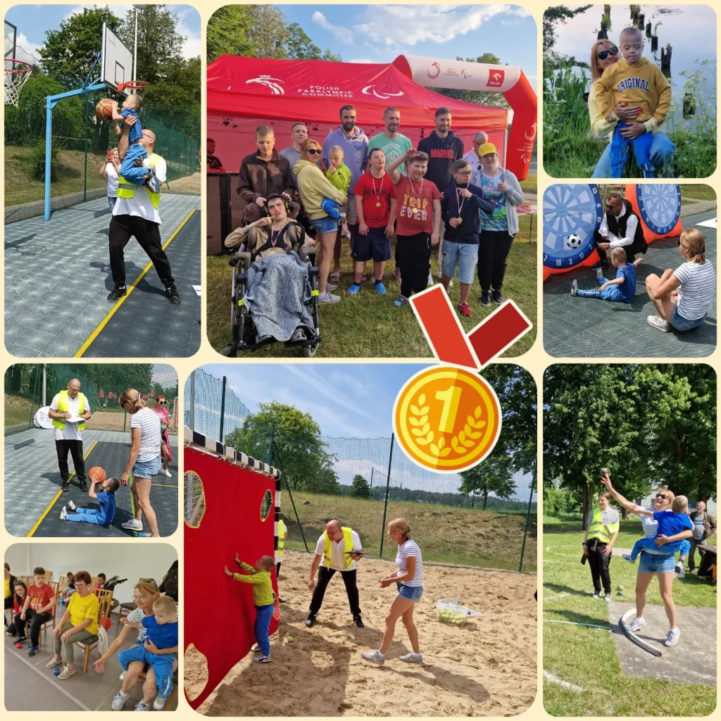 kolaż małego chłopca z zespołem dawna biorącego udział w konkurencjach sportowych