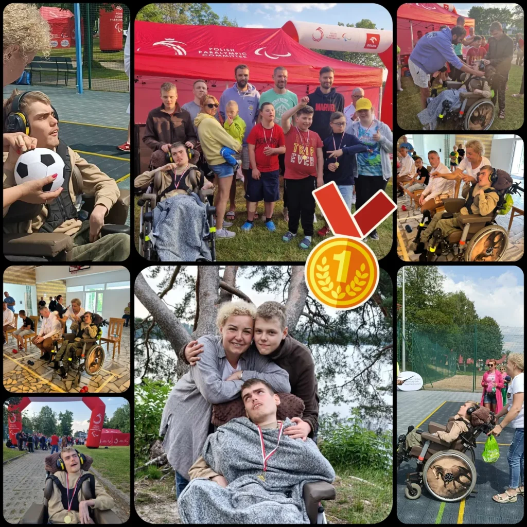 kolaż zdjęć mężczyzny na wózku inwalidzkim w różnych konkurencjach sportowych