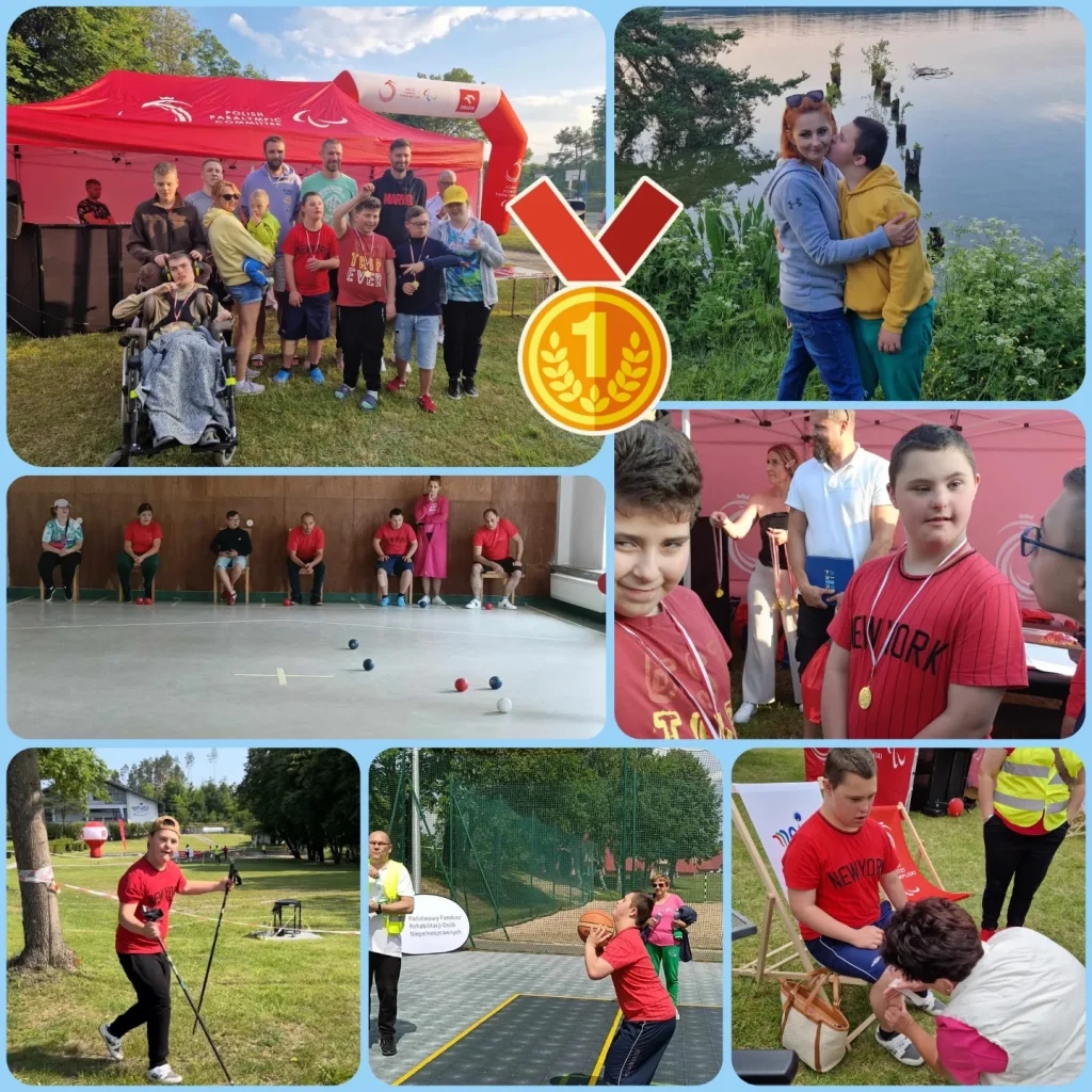 kolaż zdjęć chłopca z niepełnosprawnością biorącego udział w konkurencjach sportowych