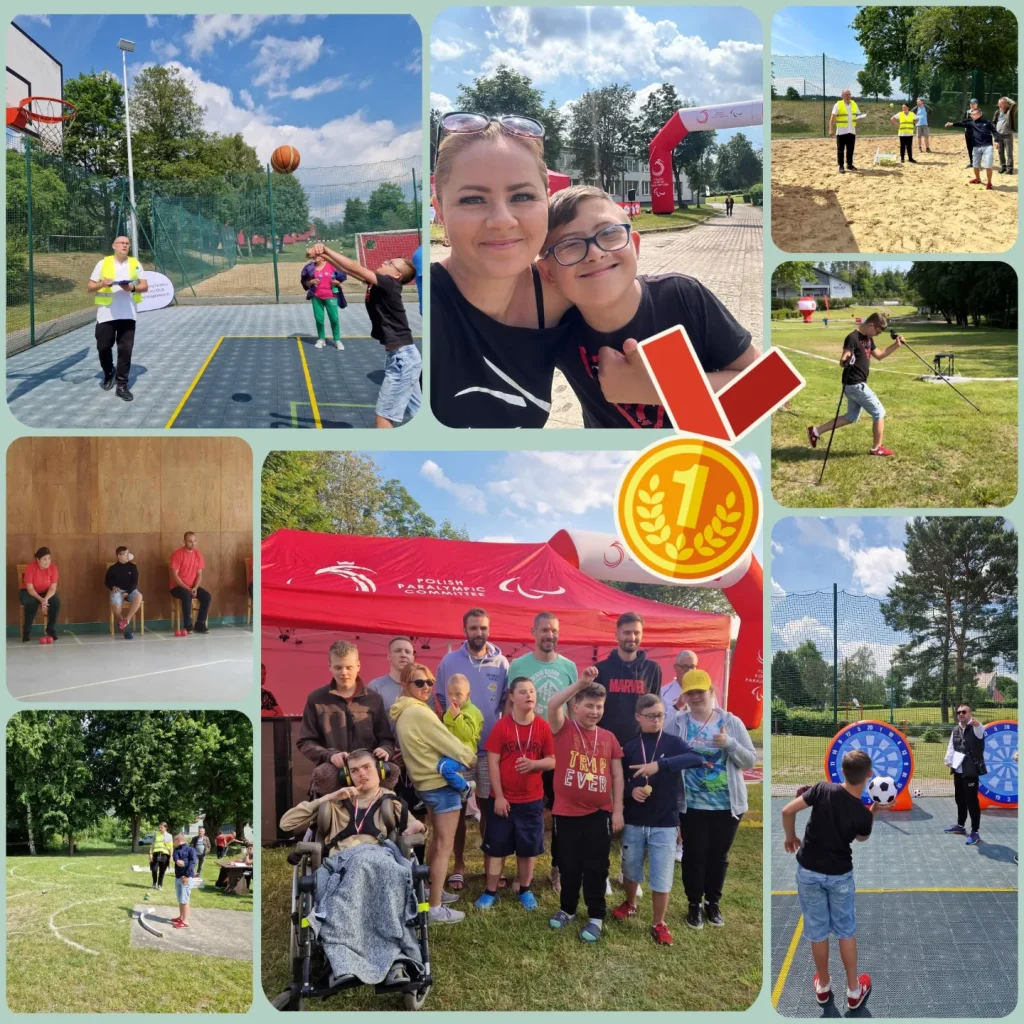 kolaż zdjęć chłopca z zespołem downa biorącego udział w różnych konkurencjach 