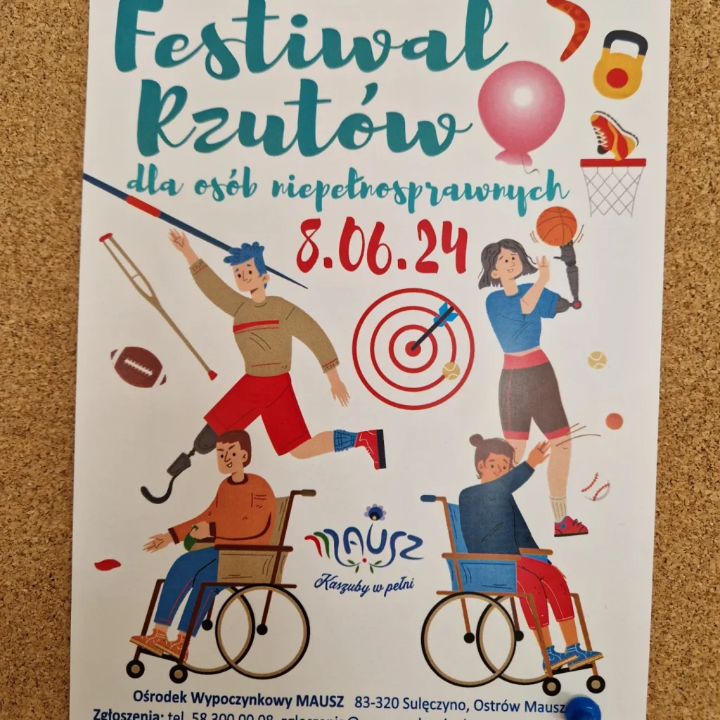 grafika z napisem festiwal rzutów dla osób niepełnosprawnych 8.06.24